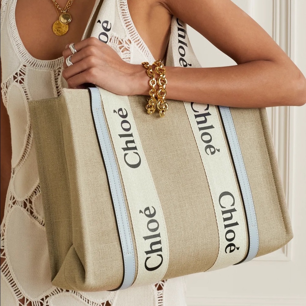 Chloé Woody medium leather-trimmed linen tote